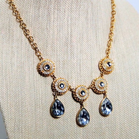 Statement Jewelry Necklace Gold Diamonds Crystals - Picture 2 of 4